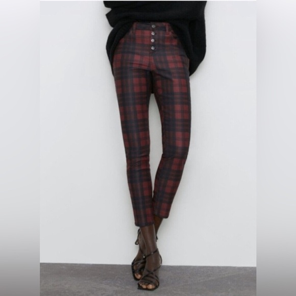 NWT ZARA Tartan Plaid Coated Sateen Mid-Rise Skinny Jeans Sz 30/US 10 - Picture 1 of 10